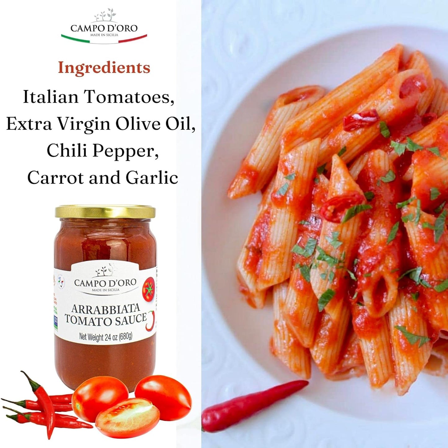Campo D’Oro arrabbiata tomato sauce with chili pepper, authentic Italian spicy pasta sauce made with tomatoes, garlic, and extra virgin olive oil, glass jar 24oz