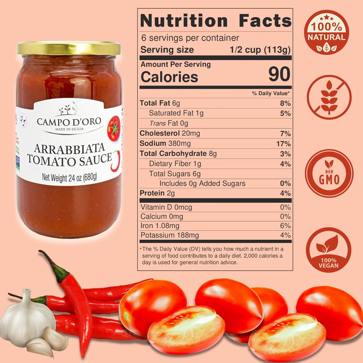 Campo D’Oro arrabbiata tomato sauce with chili pepper, authentic Italian spicy pasta sauce made with tomatoes, garlic, and extra virgin olive oil, glass jar 24oz