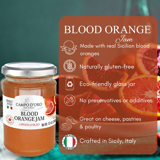 Jar of Campo d'Oro Blood Orange Jam with product description on a green background
