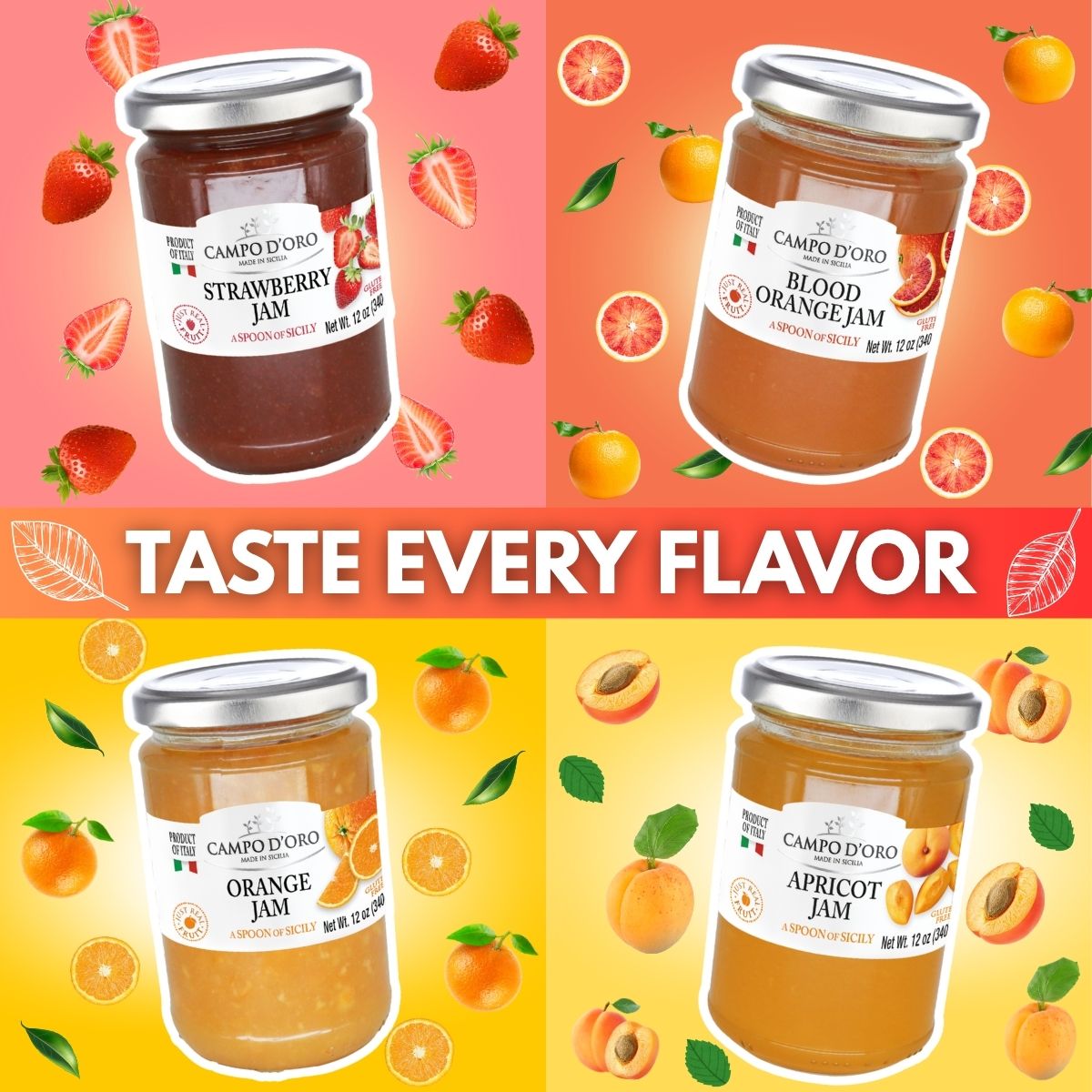 Four jars of Campo d'Oro jam with labels for strawberry, blood orange, orange, and apricot jams on a colorful background with corresponding fruit illustrations.