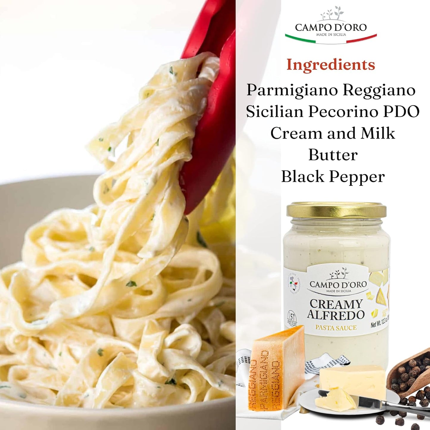 Campo D’Oro creamy Alfredo pasta sauce with Parmigiano Reggiano DOP and Pecorino cheese, authentic Italian white pasta sauce in glass jar 12.3oz, made in Sicily Italy