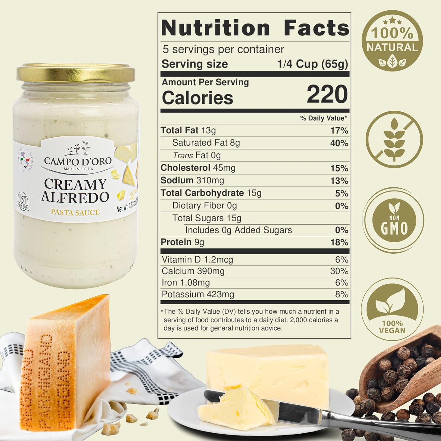 Campo D’Oro creamy Alfredo pasta sauce with Parmigiano Reggiano DOP and Pecorino cheese, authentic Italian white pasta sauce in glass jar 12.3oz, made in Sicily Italy