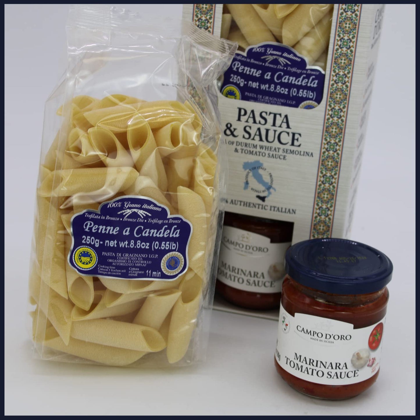 Campo D’Oro Italian gourmet food gift basket with penne pasta and marinara tomato sauce authentic Sicilian meal set