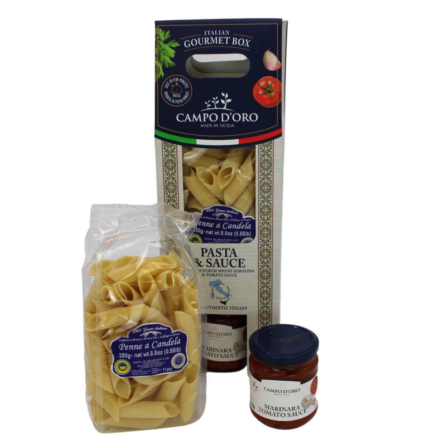 Campo D’Oro Italian gourmet food gift basket with penne pasta and marinara tomato sauce authentic Sicilian meal set