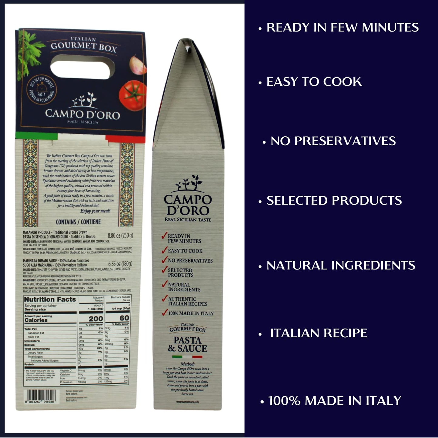 Campo D’Oro Italian gourmet food gift basket with penne pasta and marinara tomato sauce authentic Sicilian meal set