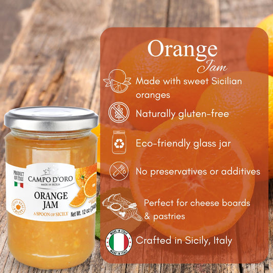 Jar of Campo d'Oro Orange Jam with a label on an orange-themed background