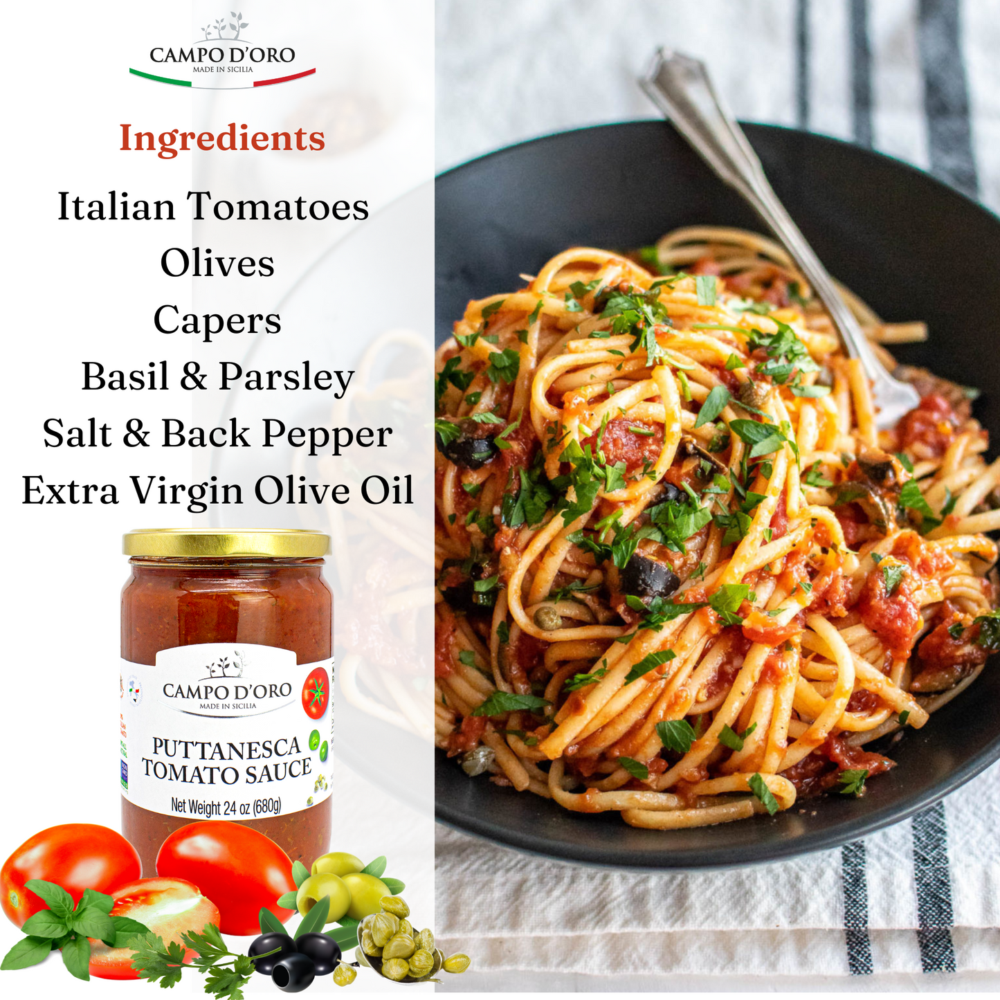 Campo D’Oro puttanesca tomato sauce with olives and capers, authentic Italian pasta sauce made with tomatoes, basil, parsley, and extra virgin olive oil, glass jar 24oz