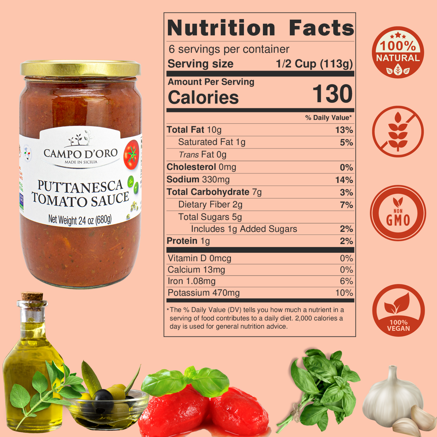 Campo D’Oro puttanesca tomato sauce with olives and capers, authentic Italian pasta sauce made with tomatoes, basil, parsley, and extra virgin olive oil, glass jar 24oz