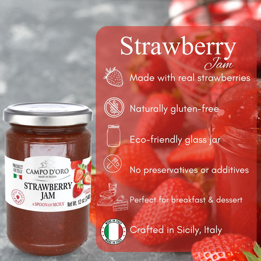 Jar of Campo d'Oro strawberry jam with a red label on a gray background