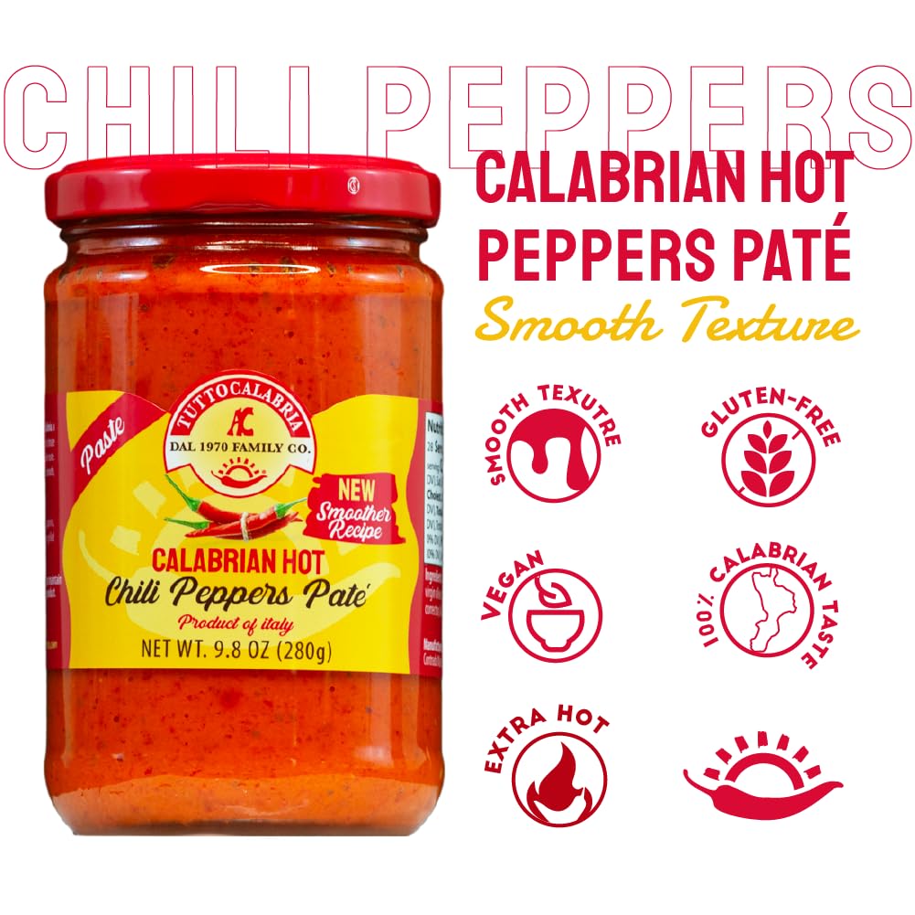 Jar of Calabrian Hot Peppers Pate with branding and product details on a white background
