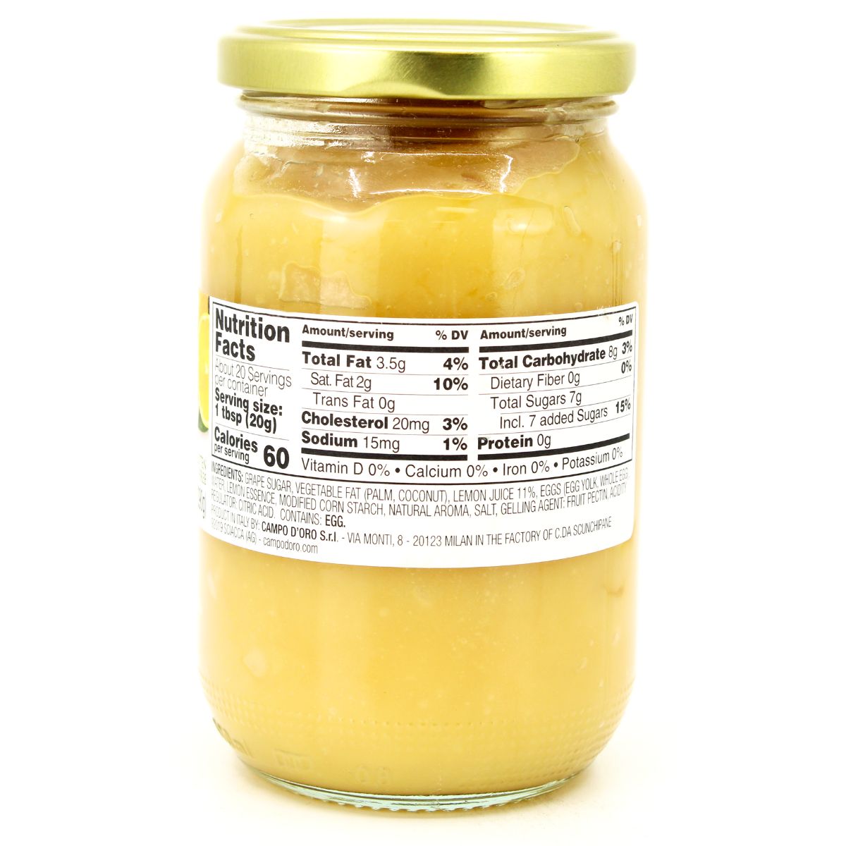 Back view of Campo D’Oro Lemon Curd jar showing nutrition facts and ingredients list