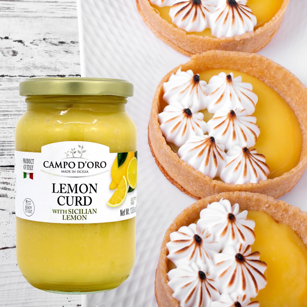 Campo D’Oro Lemon Curd jar with Sicilian lemon tarts topped with meringue