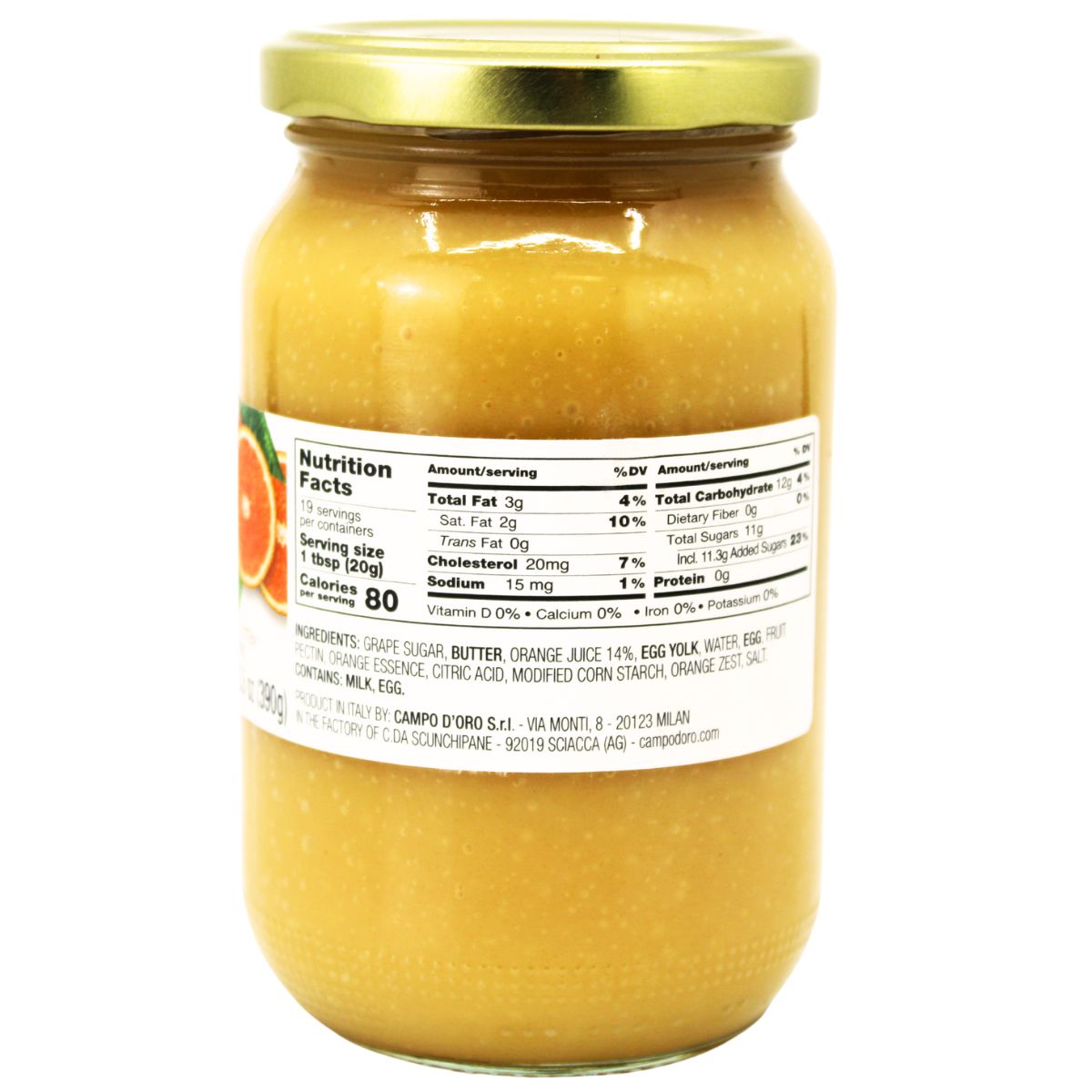 Back label of Campo D’Oro Orange Curd jar showing nutrition facts and ingredient list