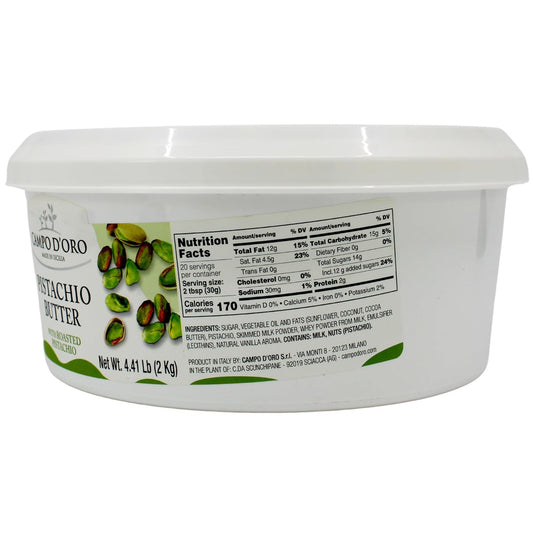 Container of pistachio butter with label on a white background