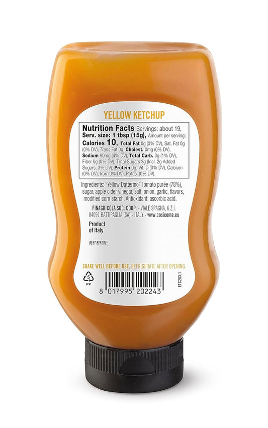 Back label of Così Com’è Italian Yellow Tomato Ketchup, 280 g (9.88 oz), showing nutrition facts and ingredients. Contains 78% yellow Datterino tomato purée, apple cider vinegar, onion, garlic, flavors, sugar, salt, and ascorbic acid. Gluten-free, no preservatives, made in Italy