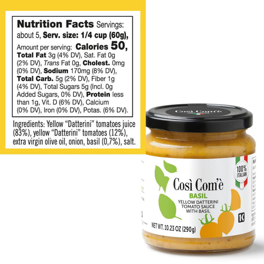 Così Com’è Yellow Datterino Tomato Sauce with Basil, 10.23 oz (290 g) jar, with nutrition facts label showing 50 calories per serving and ingredients including yellow Datterino tomatoes, extra virgin olive oil, onion, basil, and salt