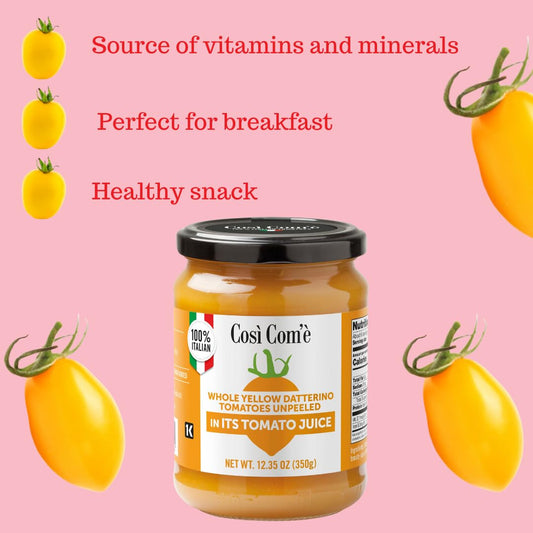 Jar of Così Com’è Whole Yellow Datterino Tomatoes in tomato juice, surrounded by fresh yellow tomatoes on a pink background with text highlighting benefits: "Source of vitamins and minerals," "Perfect for breakfast," and "Healthy snack."