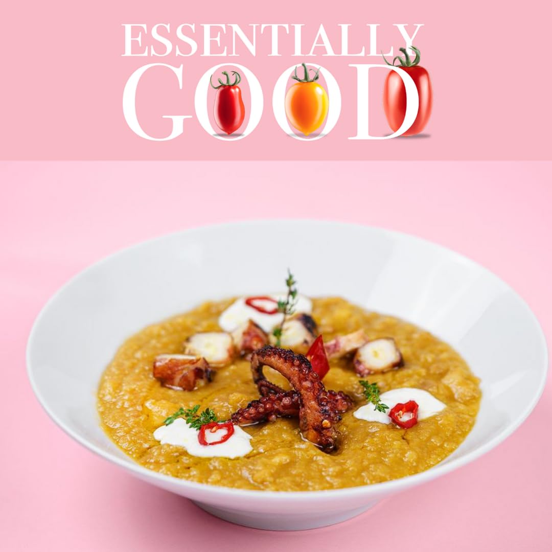 Gourmet dish of octopus served on a creamy yellow tomato base, garnished with chili slices, fresh herbs, and cream, presented in a white bowl with the phrase "Essentially Good" above.