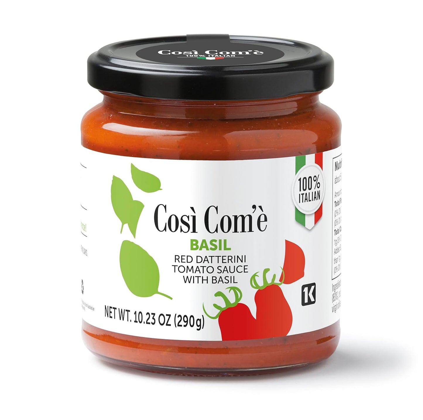 Glass jar of Così Com’è Red Datterino Tomato Sauce with Basil, 100% Italian tomatoes blended with fresh basil, 10.23 oz (290 g). Perfect for pasta, seafood, and authentic Italian recipes.