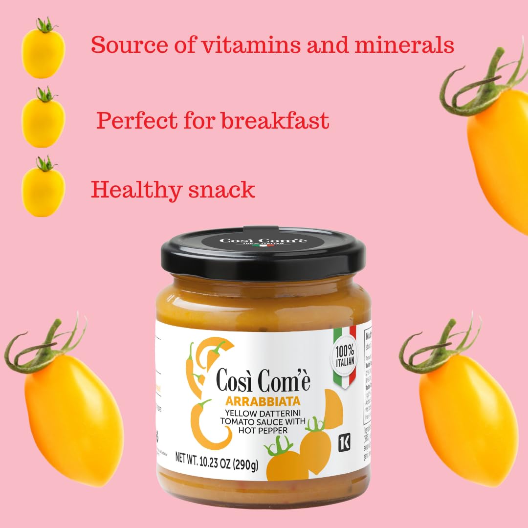 Così Com’è Yellow Arrabbiata Pasta Sauce jar (290 g) with chili peppers and yellow Datterino tomatoes, highlighted as a source of vitamins and minerals, perfect for breakfast, and a healthy snack.