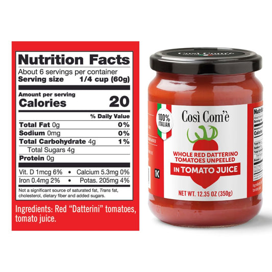 Close-up of Così Com’è Whole Red Datterini Tomatoes in Tomato Juice, 12.35 oz (350 g) glass jar with nutrition facts label. Made with 100% Italian Datterini tomatoes and tomato juice, naturally sweet, low-acid, and preserved without additives or preservatives.
