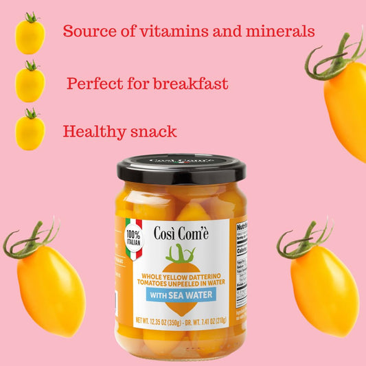 Jar of Così Com’è whole yellow datterini tomatoes unpeeled in sea water, 12.35 oz (350 g), surrounded by fresh yellow tomatoes on a pink background with text highlighting health benefits: source of vitamins and minerals, perfect for breakfast, healthy snack.