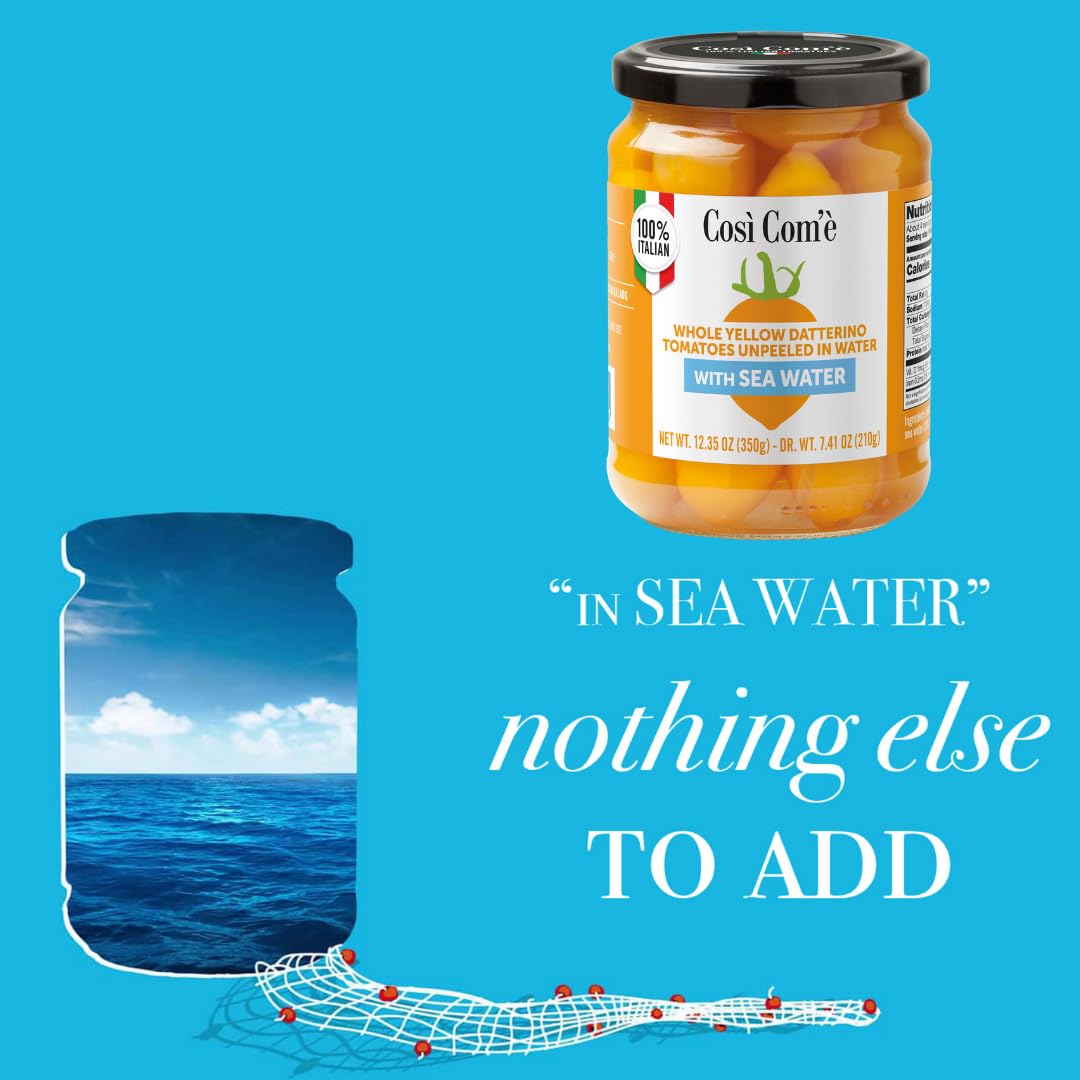Così Com’è jar of whole yellow datterini tomatoes unpeeled in sea water (12.35 oz / 350 g) on a blue background with an ocean graphic inside a jar silhouette and text that reads: “In Sea Water – nothing else to add.”