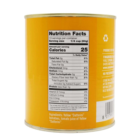 Back view of Così Com’è Yellow Datterino Tomatoes can, showing nutrition facts label and ingredients list (yellow Datterini tomatoes, tomato juice of yellow Datterini).