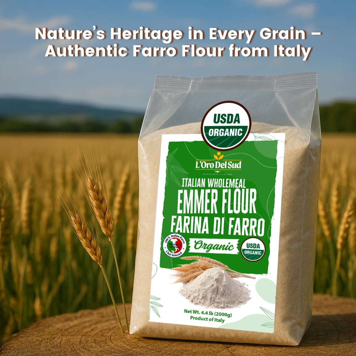 Bag of L'Oro Del Sud Italian Wholemeal Emmer Flour with a field of wheat in the background