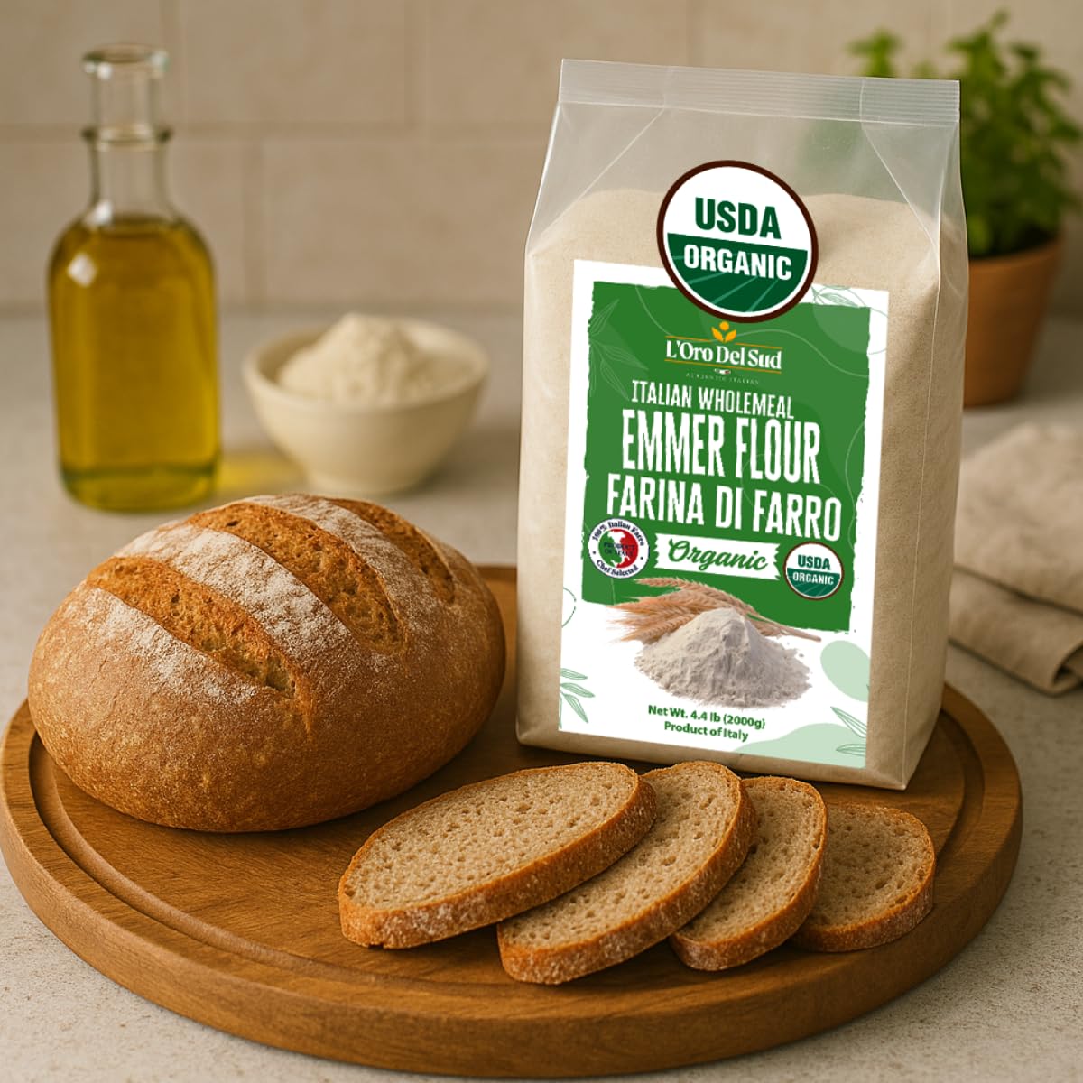 Bag of Italian wholemeal emmer flour with bread and slices on a wooden board, USDA Organic label visible.