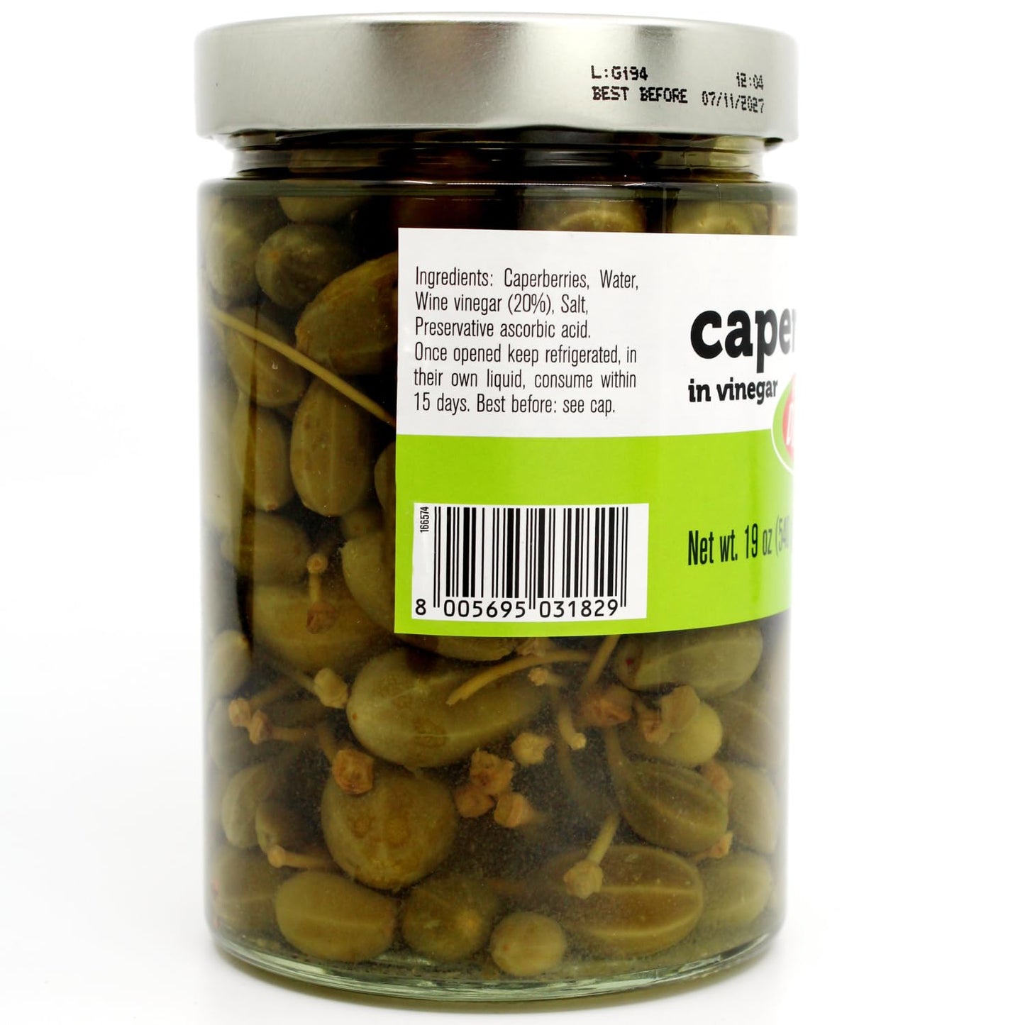 Jar of Fratelli D'Amico caperberries in vinegar, 19 oz (540 g), Italian pickled caperberries with firm texture, tangy flavor, and authentic Mediterranean quality, displayed with some caperberries served in a small dish.