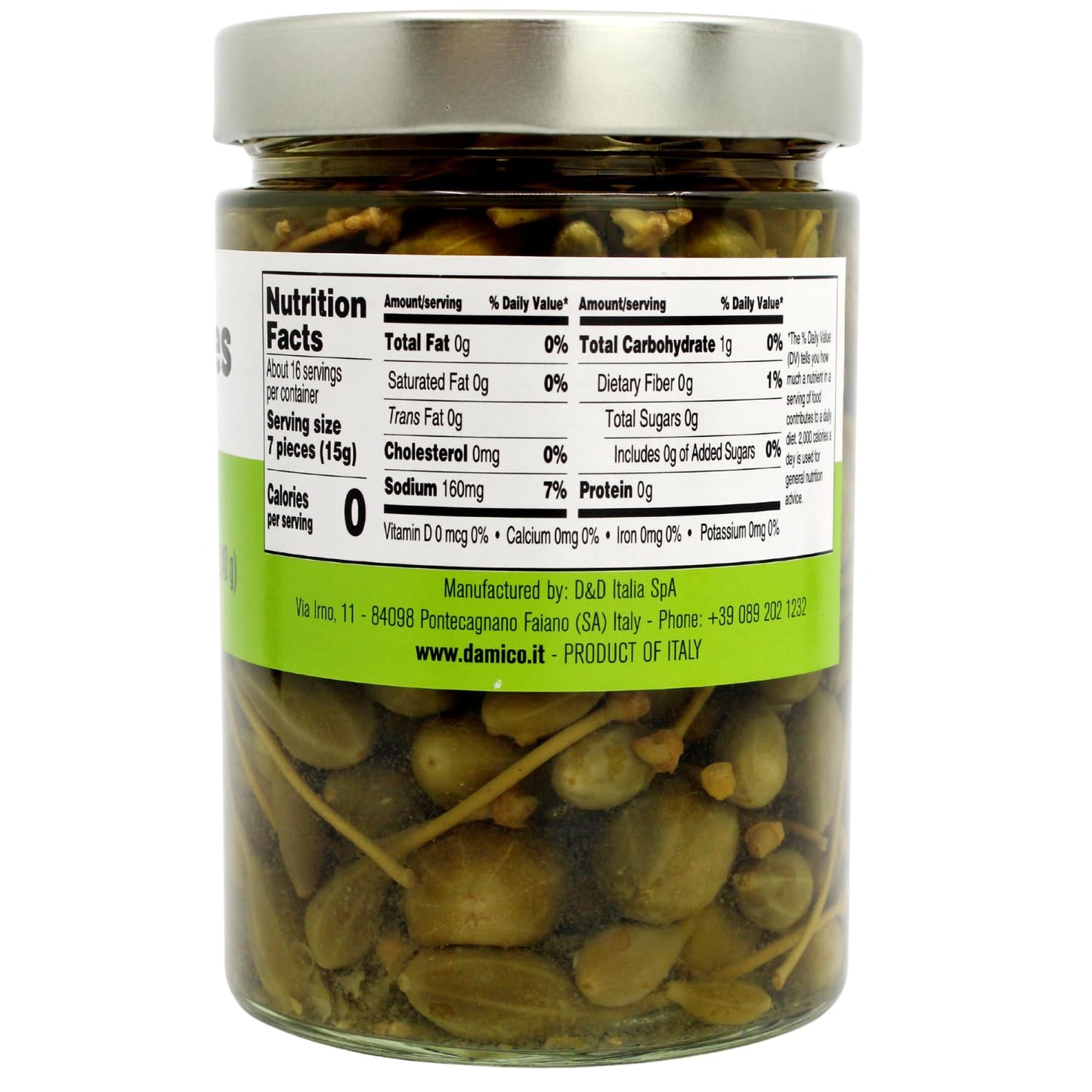 Fratelli D’Amico Caperberries in vinegar in a 19 oz (540 g) glass jar with a drained weight of 8.5 oz (240 g), displayed alongside assorted cheeses, crackers, and figs on a table setting.