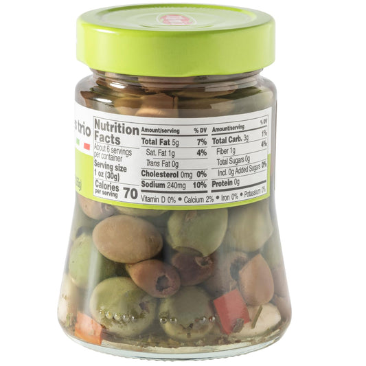 Back view of Fratelli D’Amico Italian Pitted Olives Trio in oil jar showing nutrition facts label and Mediterranean mix of olives with garlic and peppers.