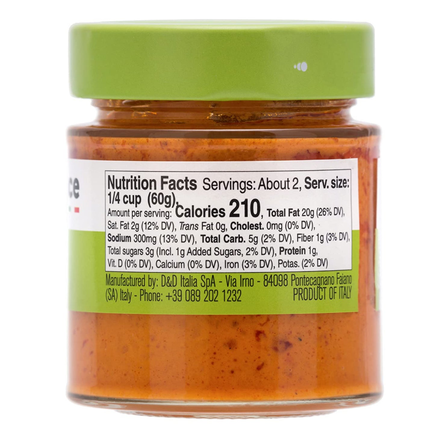 Back view of Fratelli D’Amico Red Pepper Pesto Sauce jar showing nutrition facts label, 4.6 oz (130 g), Product of Italy.
