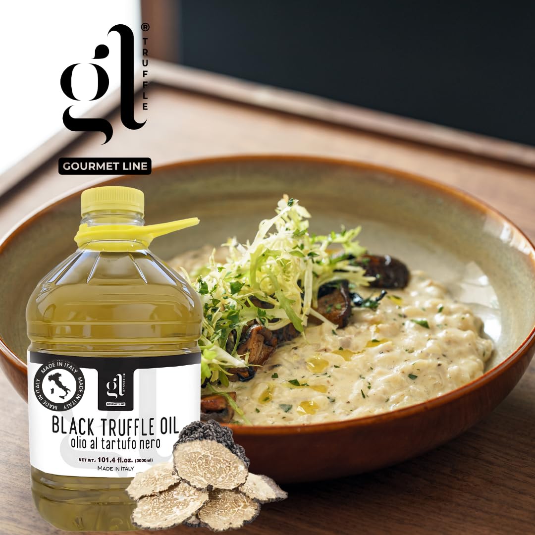 GL Black Truffle Oil 3L bottle with Italian risotto dish, premium bulk truffle oil for gourmet cooking, made in Italy