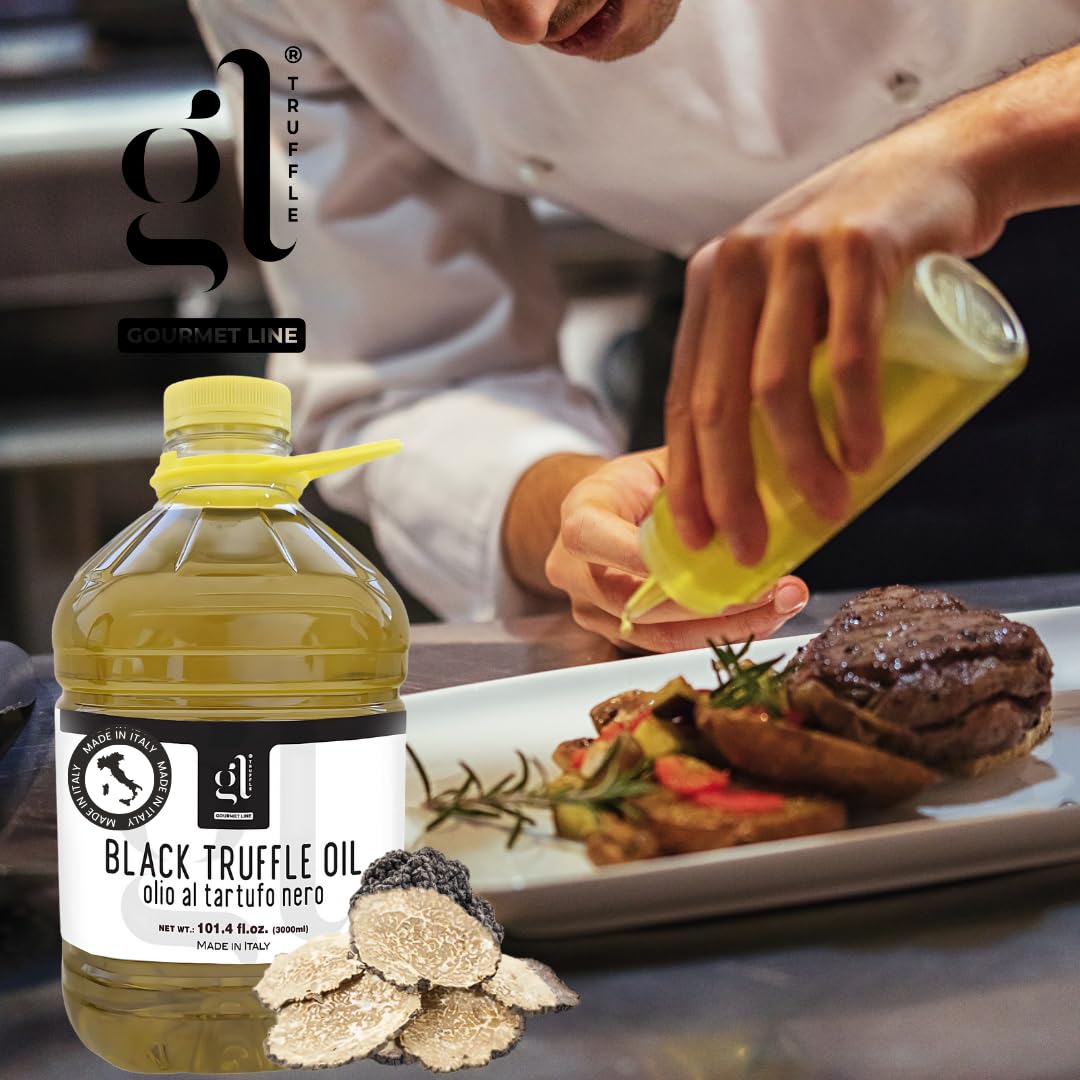 Chef pouring GL Black Truffle Oil 3L on gourmet steak dish, bulk Italian truffle oil for restaurants and foodservice