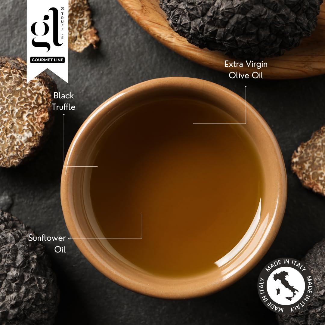 Close-up of GL Black Truffle Oil ingredients — extra virgin olive oil, sunflower oil, and black truffle — Made in Italy gourmet composition