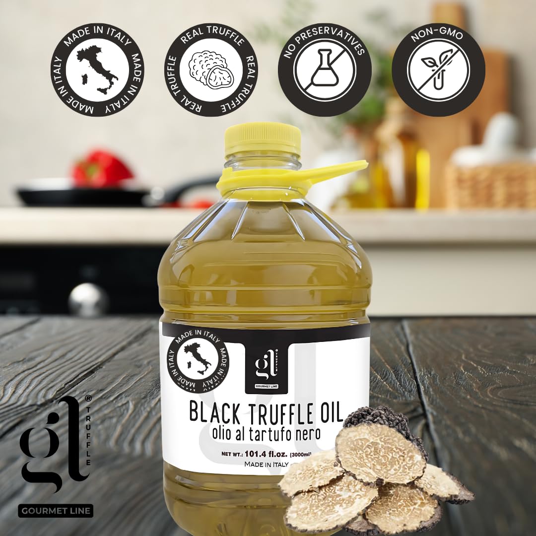 GL Black Truffle Oil 3L bulk bottle on kitchen counter, premium Italian truffle oil made with real truffle, non-GMO and preservative-free