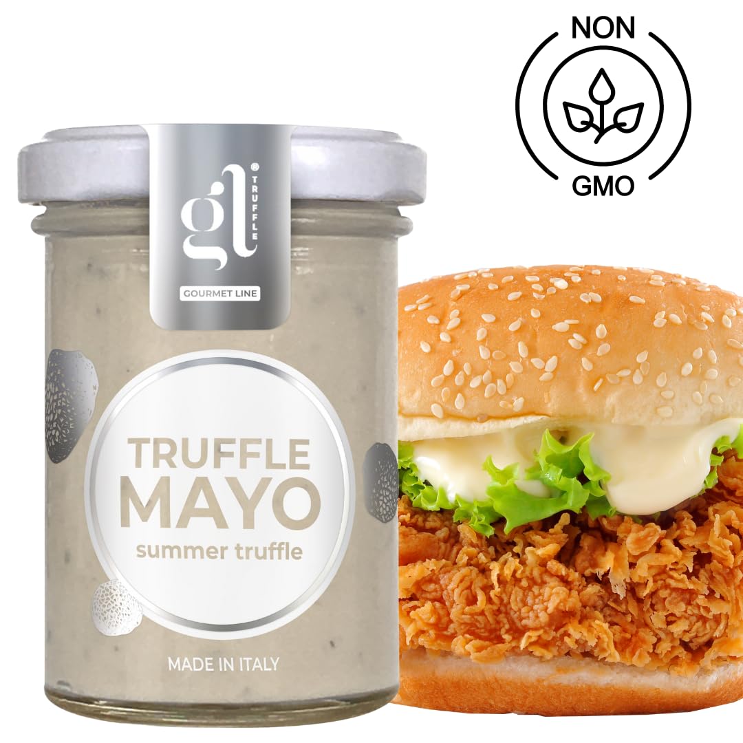 Glass jar of GL Truffle Gourmet Line Truffle Mayo with Summer Truffle, premium Italian mayonnaise, displayed next to a crispy chicken sandwich with lettuce and mayo, NON-GMO label visible.