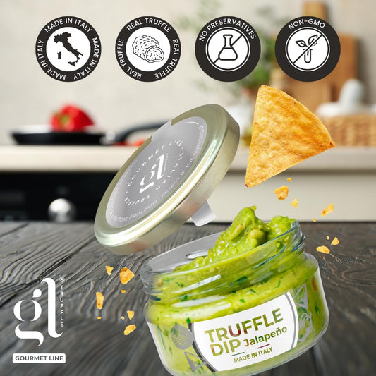 GL Truffle Jalapeño Truffle Dip, gourmet spicy truffle dip made in Italy, creamy jalapeño spread with real truffle, perfect for chips and snacks