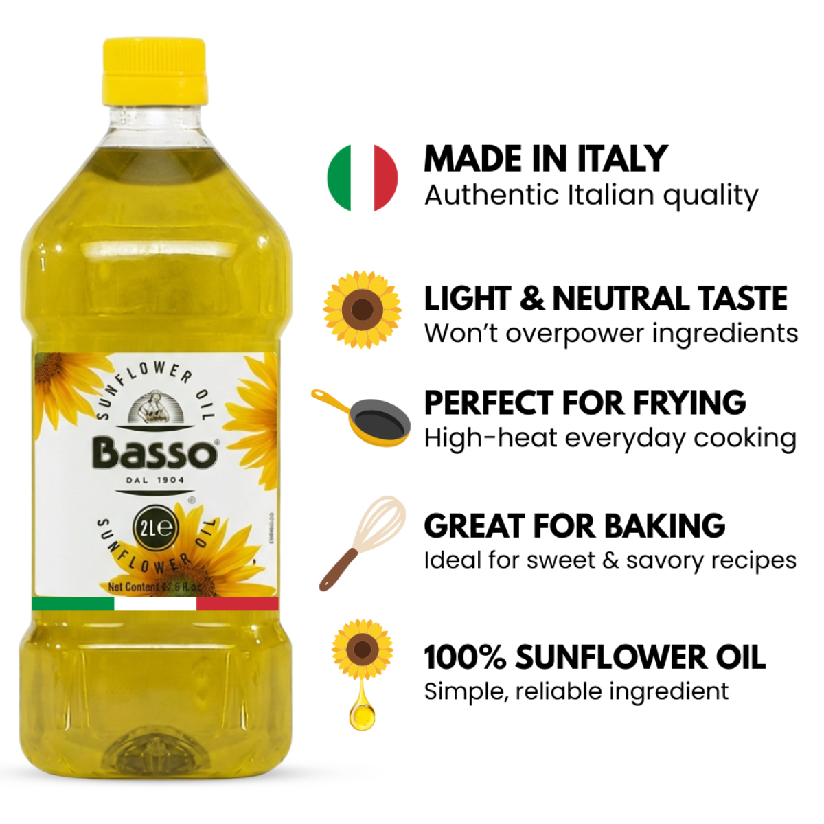 Basso 1904 Italian Sunflower Seed Oil – High Smoke Point Cooking Oil – 67.6 fl oz (2 L)