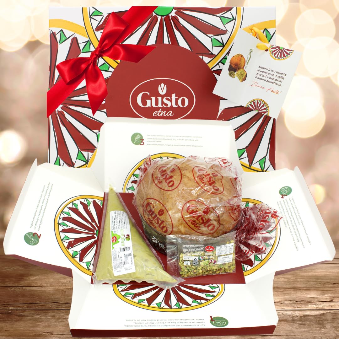 Gusto Etna Pistachio Panettone gift set, featuring a large artisanal panettone, piping bag filled with creamy pistachio butter, packet of chopped pistachios, and decorative gift box with a colorful Sicilian-inspired design