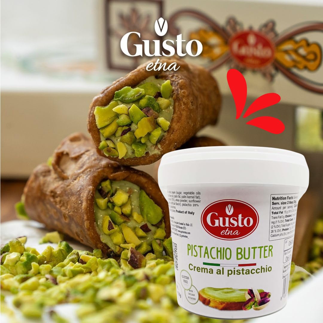 Gusto Etna Pistachio Butter Crema al Pistacchio – Italian pistachio spread with Sicilian cannoli dessert, authentic taste from Italy