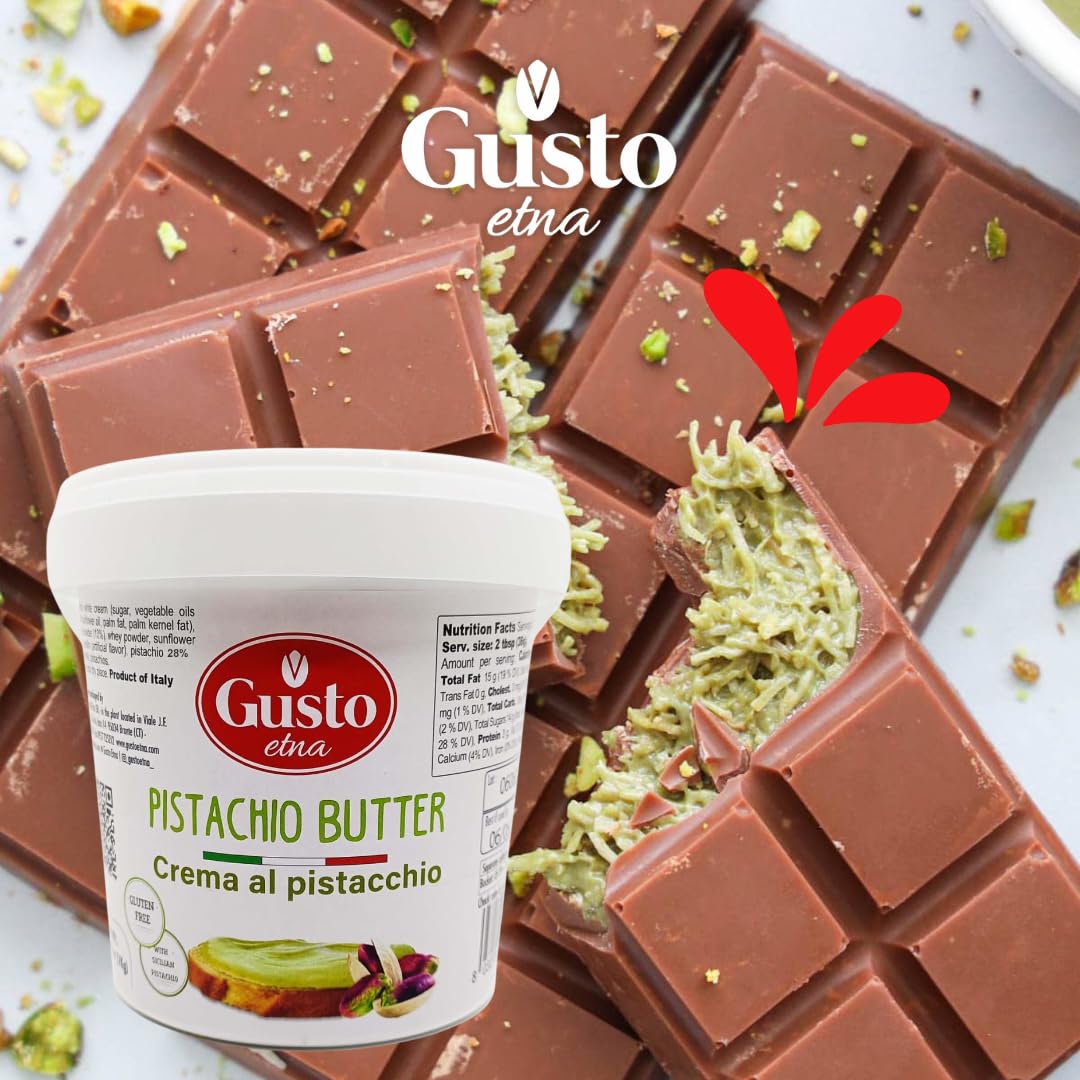 Italian pistachio butter from Gusto Etna, featured with a Dubai chocolate bar filled with pistachio butter and kataifi for a luxurious flavor combination.