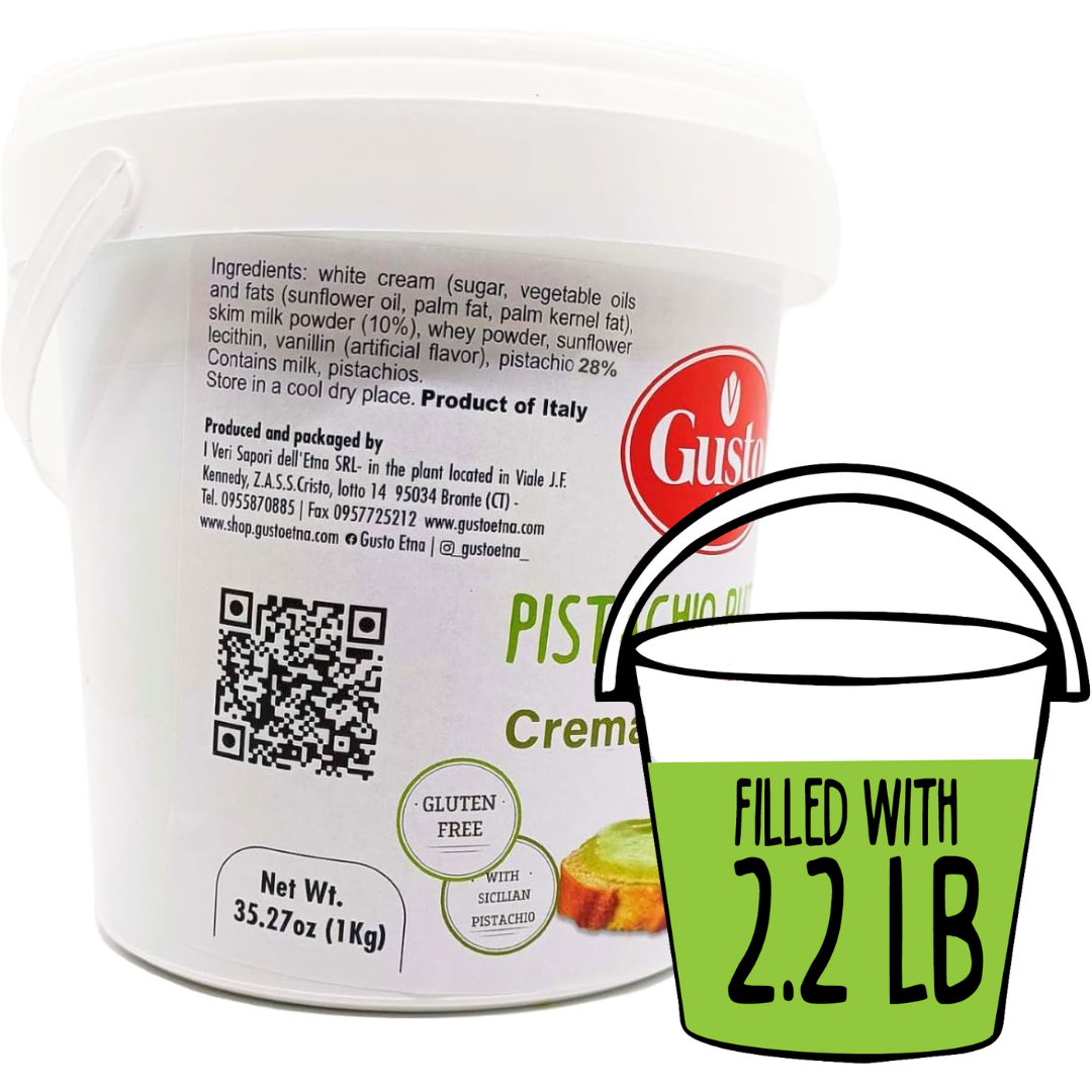 Creamy Italian pistachio butter in a 2.2 lb tub, perfect for spreading, baking, or gourmet desserts.