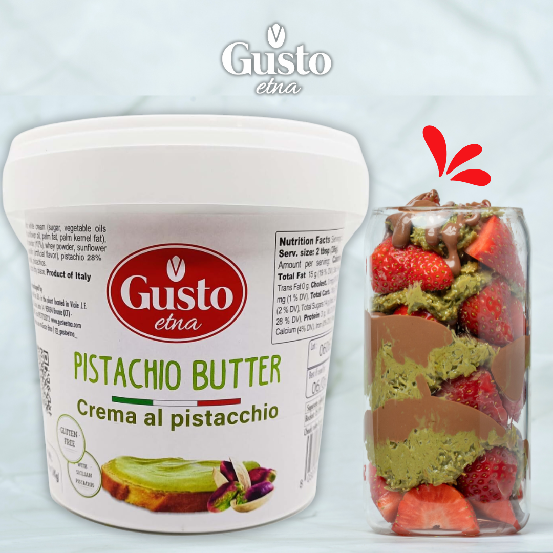 Gusto Etna Pistachio Butter in a 2.2 lb tub, paired with a dessert jar layered with fresh strawberries, pistachio cream, and chocolate.