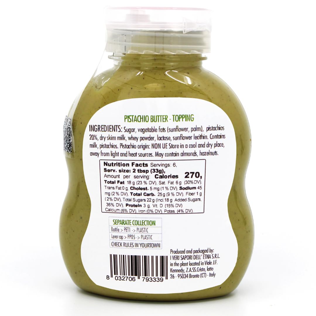 Back view of Gusto Etna Pistachio Butter Topping bottle, showing ingredients, nutrition facts, and storage instructions, highlighting 20% pistachio content and gluten-free label.
