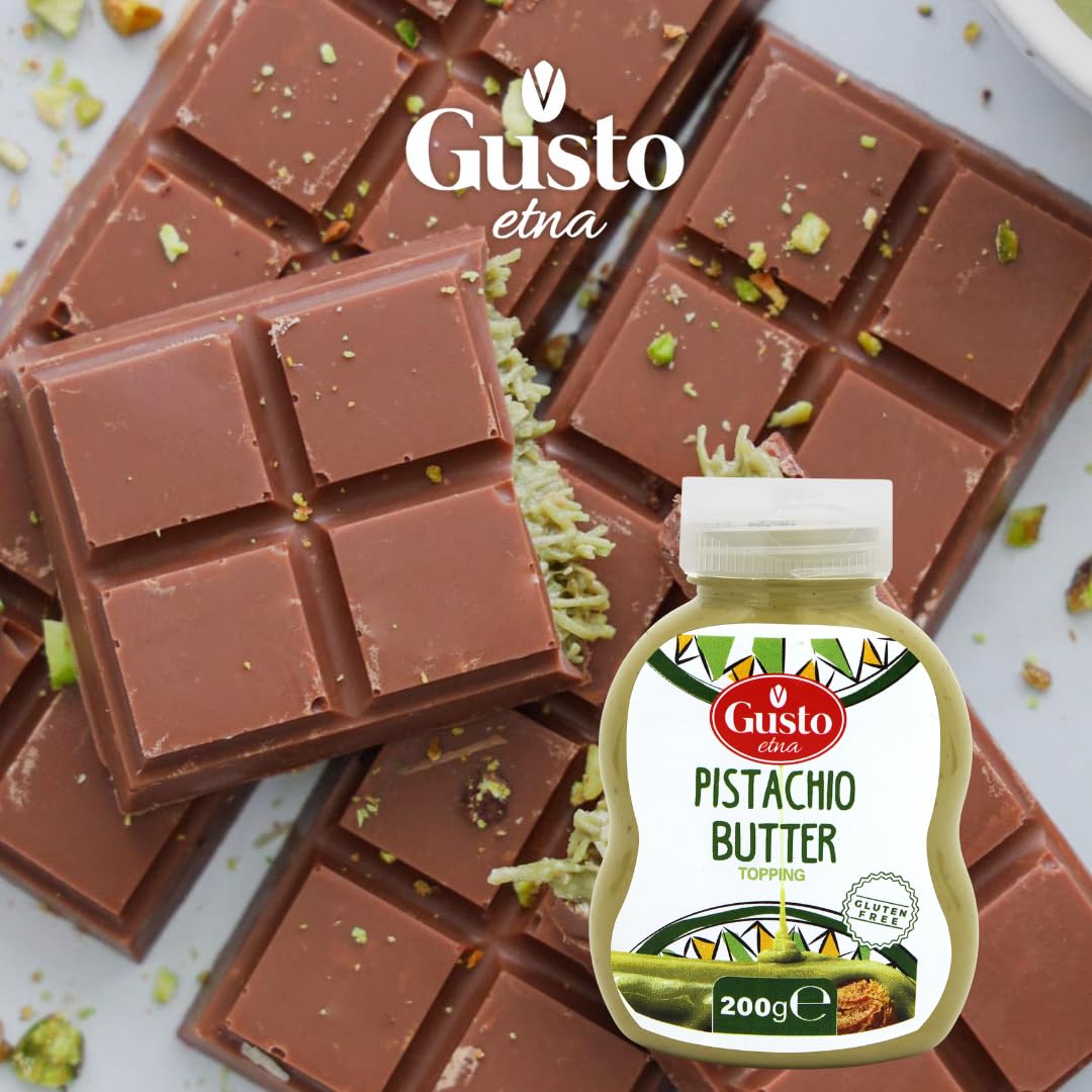 Gusto Etna pistachio butter topping bottle next to milk chocolate bars filled with creamy pistachio, gluten-free dessert ingredient, 200g