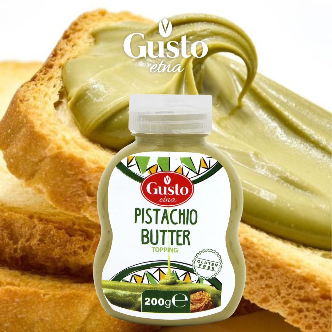 Gusto Etna Pistachio Butter topping in a 200g squeeze bottle, gluten-free, with a decorative Sicilian-inspired label and image of creamy pistachio spread.