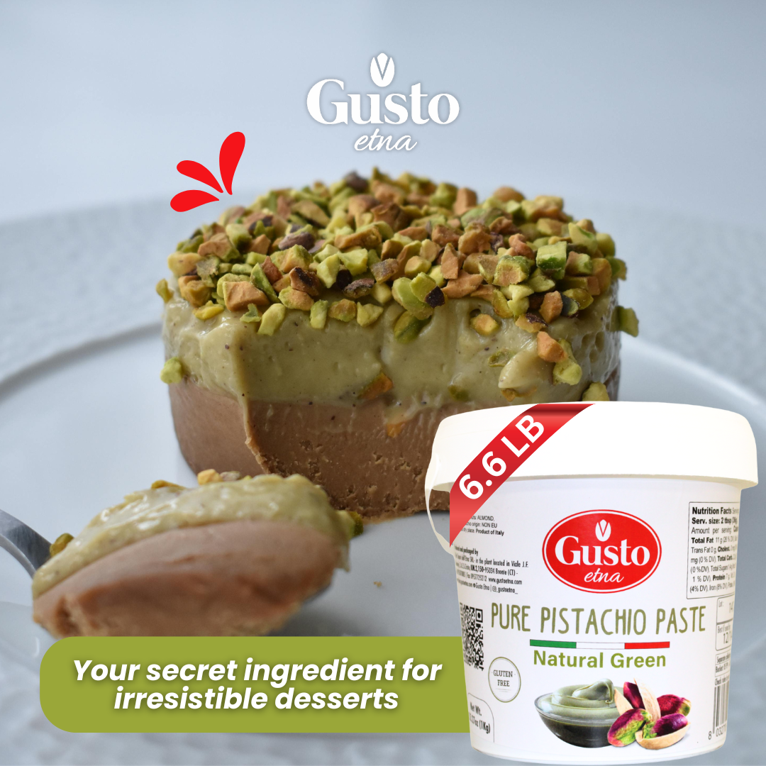 Gusto Etna pure pistachio paste dessert topped with crushed pistachios, perfect for baking and gourmet recipes – 6.6 lb container, natural green, gluten-free.